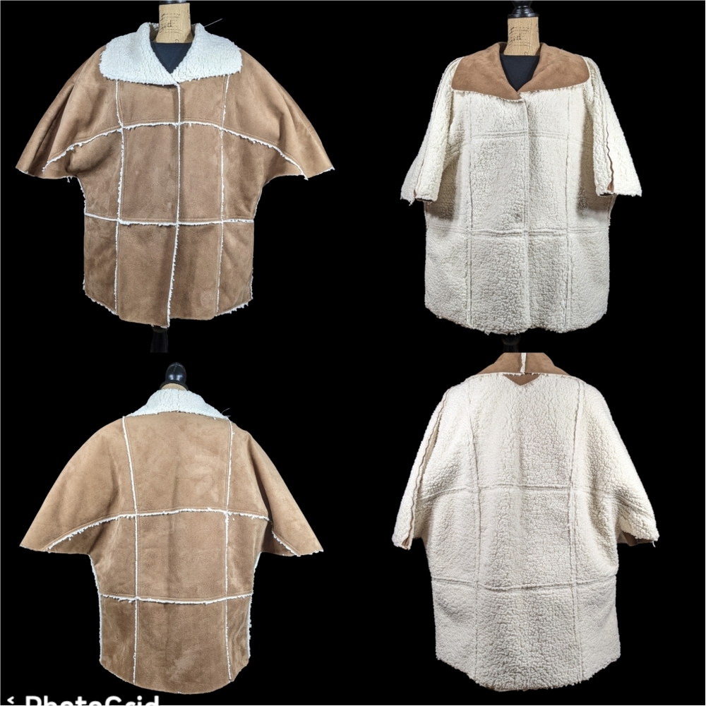 Faux Suede Sherpa Reversible Coat LG Soft Batwing 3/4 Sleeve Pocket Boho Driving